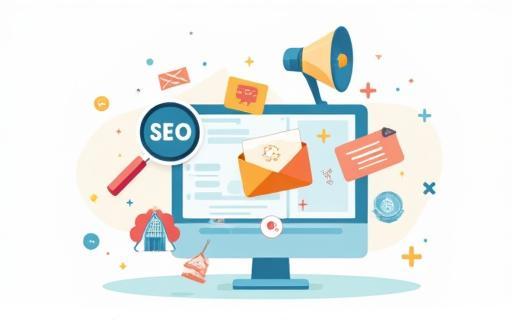 Illustrazione che mostra icone di marketing digitale come SEO, social media, email